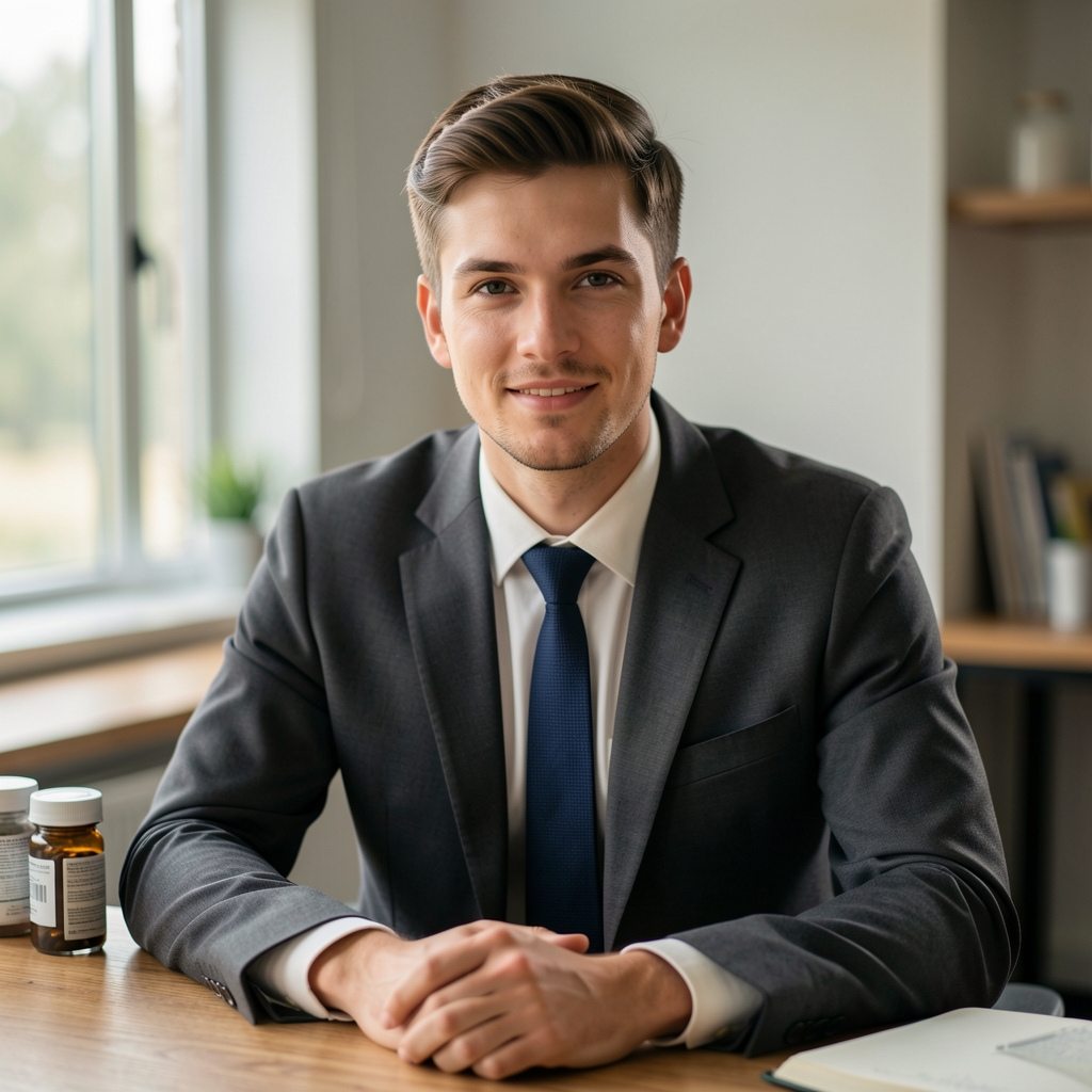 Editorial portrait of a male writer at a desk, natural window light, notebook and supplement containers nearby, composed and calm