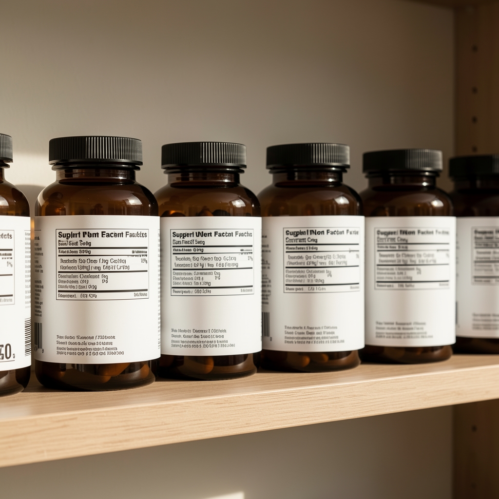 Supplement labels on a shelf, editorial composition, natural side light, neutral background